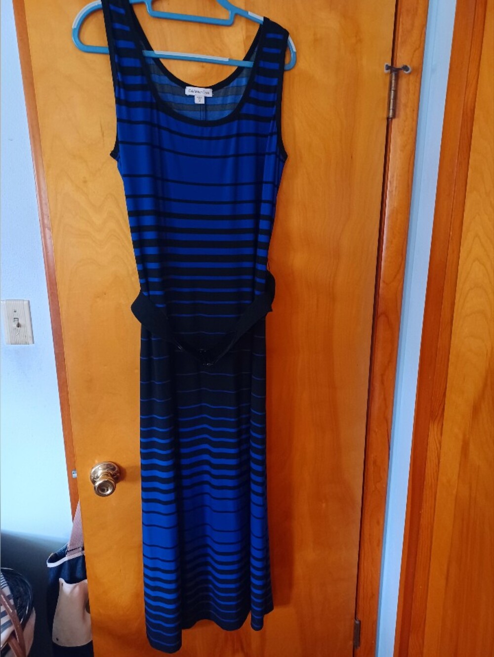 Coldwater Creek Blue and Black Striped Sleeveless Maxi Dress With Belt